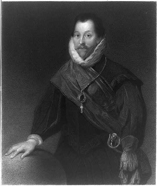 Portrait of a man in 16th-century attire with ruff collar and sash, hand resting on a globe.