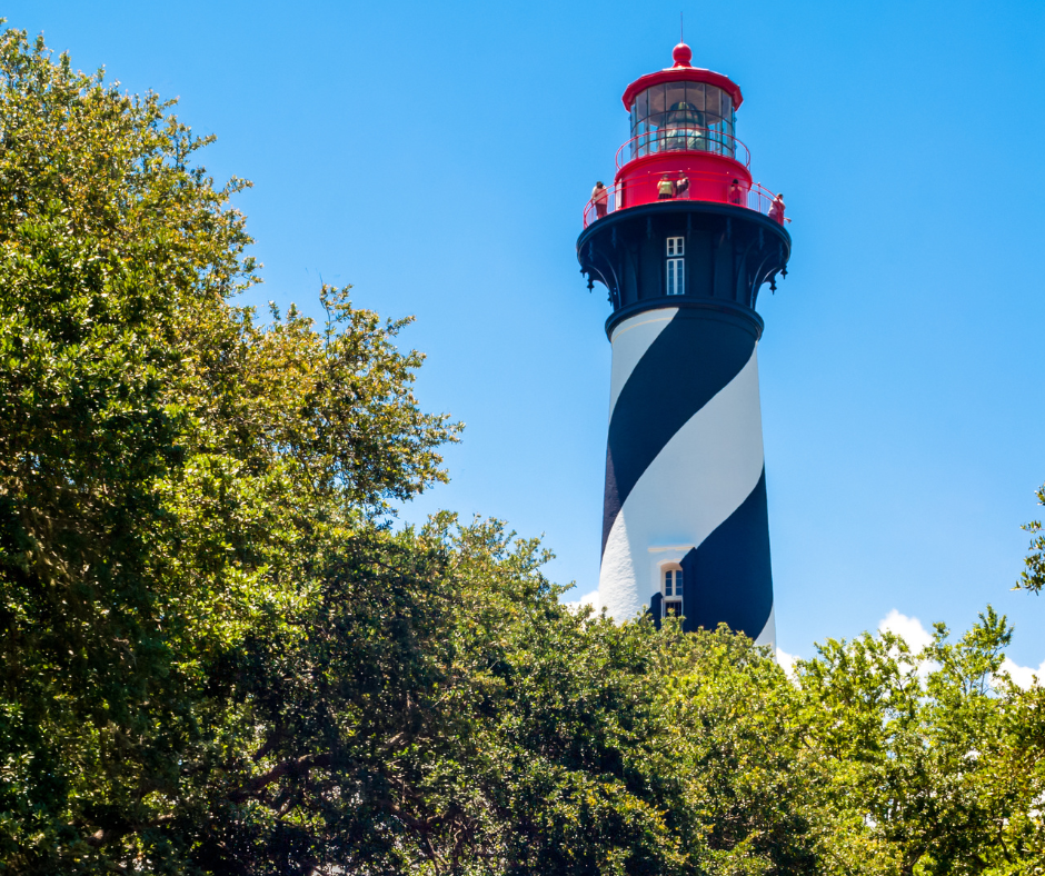 Lighthouse with black and white spiral design, surrounded by trees under a clear blue sky.
