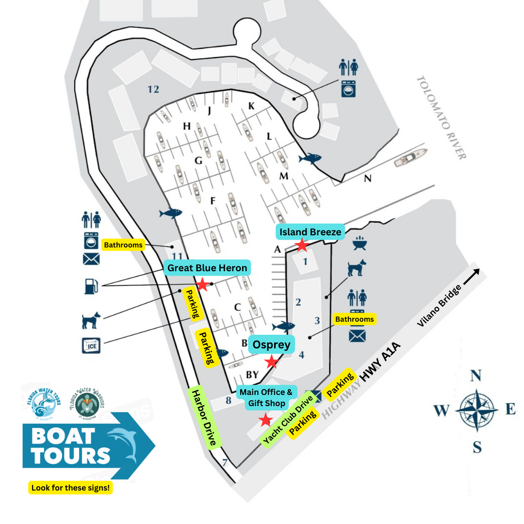 Marina map with dock labels, parking, restrooms, and boat tour signs.