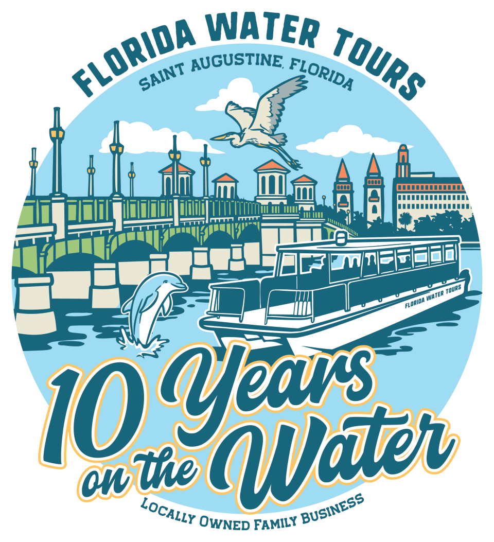 Florida Water Tours illustration with bridge, boat, dolphin, bird, and cityscape celebrating 10 years.