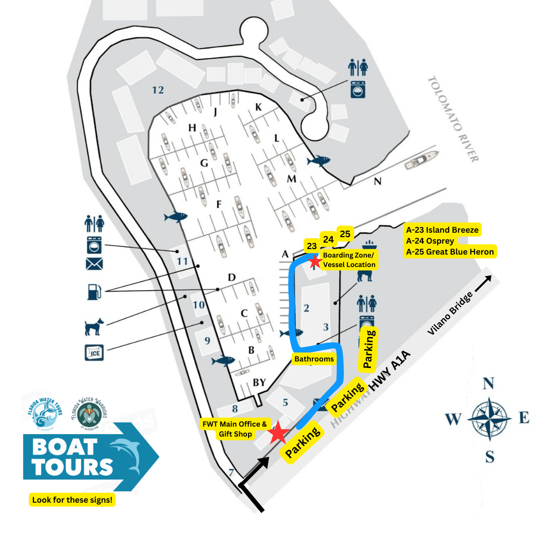 Map of marina with boat tours, parking, facilities, and docking points highlighted.