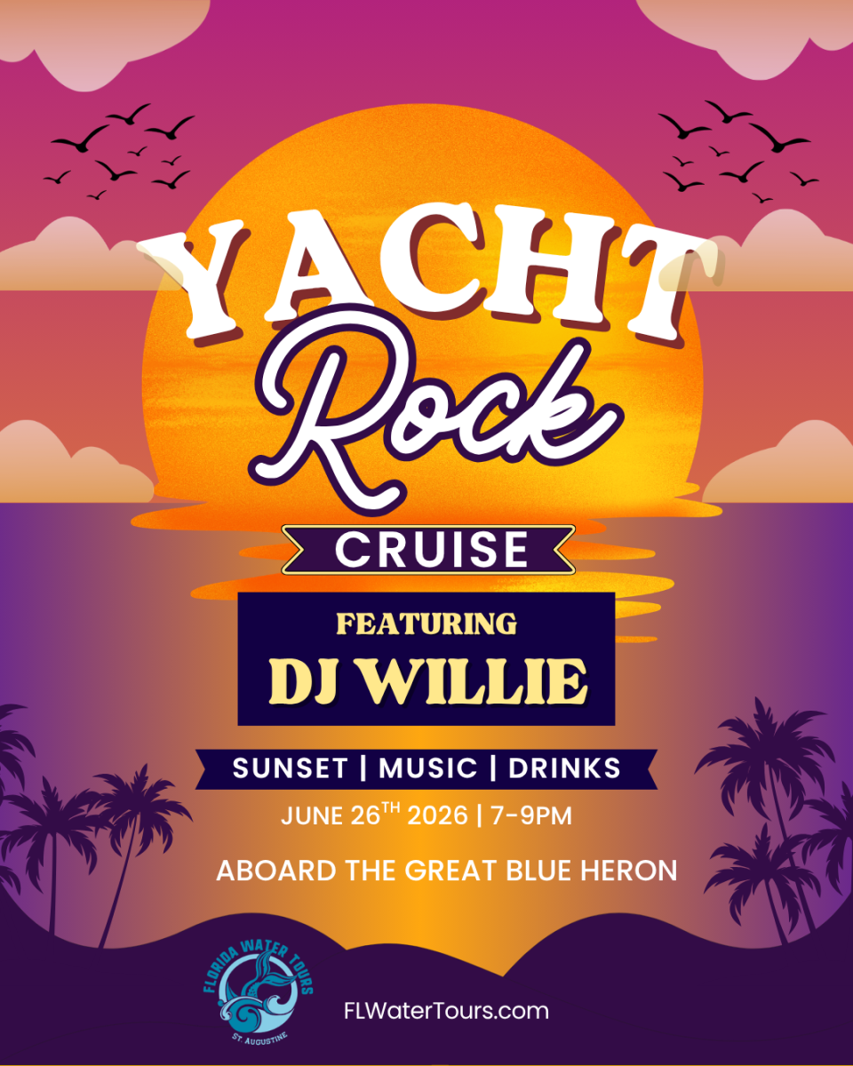 Yacht Rock cruise poster with sunset, palm trees, DJ Willie; June 26, 2026; 7-9 PM.