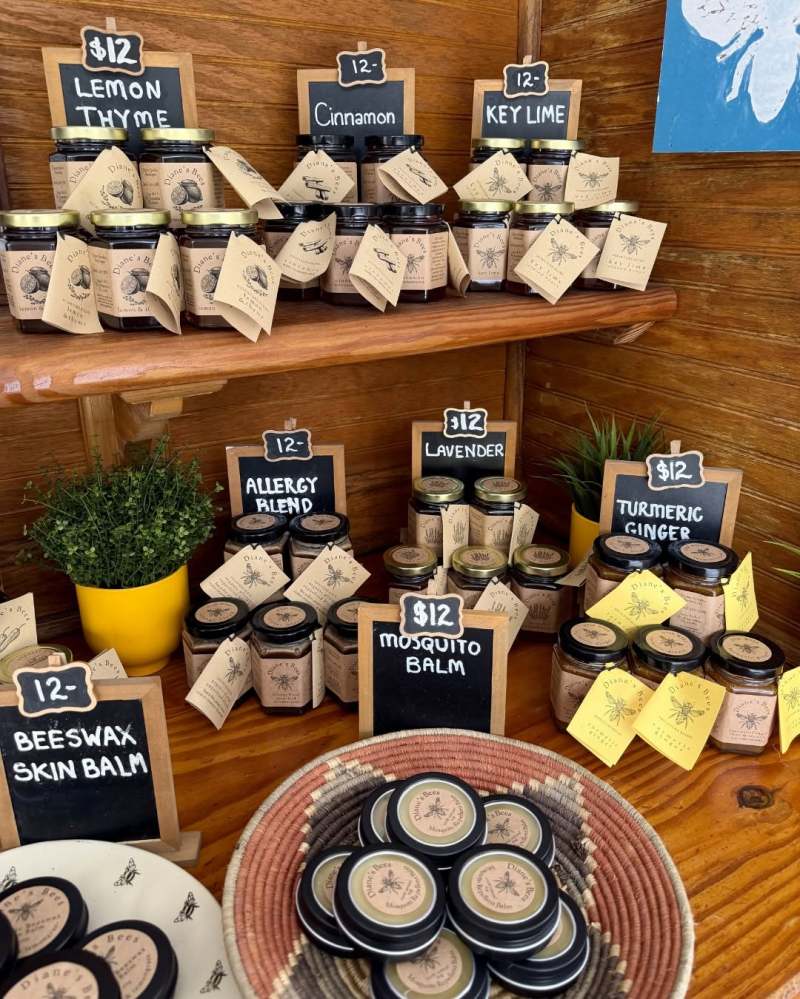 Display of various herbal balms and creams with small potted plants.