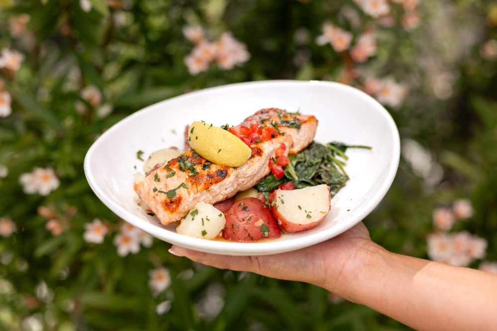 Hand holding plate with salmon, potatoes, and greens outdoors.