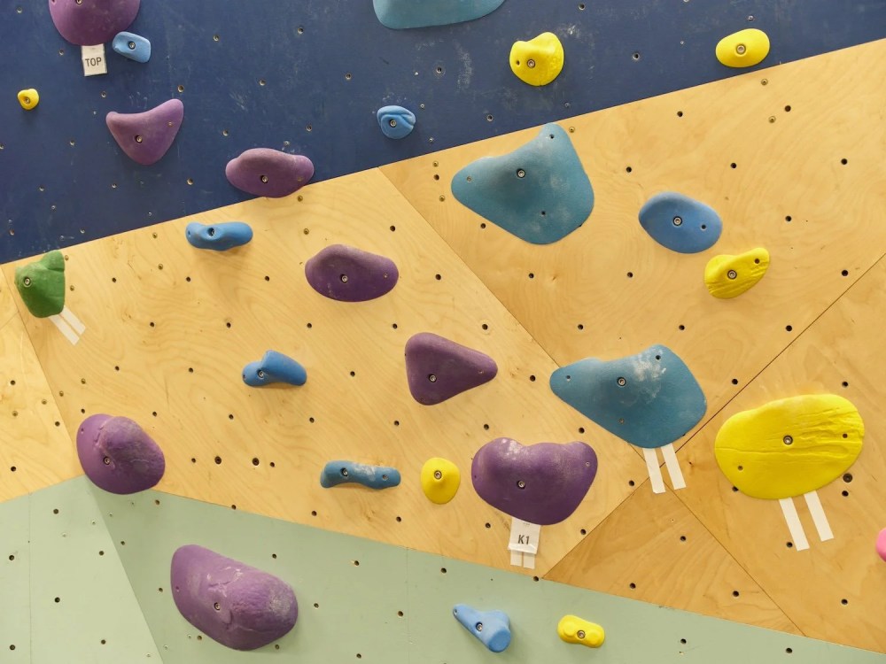 Indoor climbing wall with colorful holds on a wooden surface.